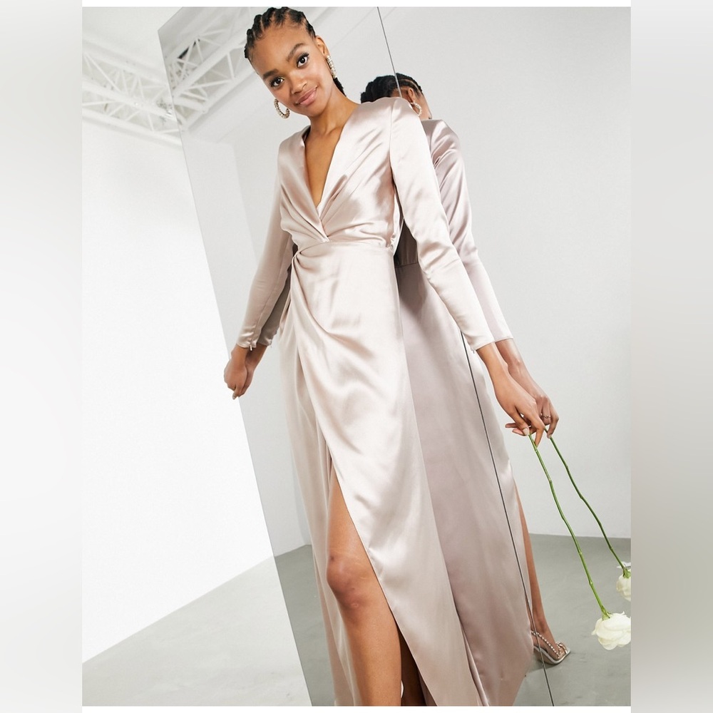 ASOS edition sadie pleated plunge satin wrap wedding dress in blush